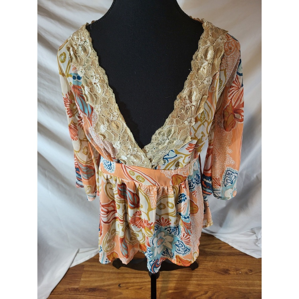 Vintage‎ Yank American Size S Orange Blue Babydoll Lace Top Floral Fairycore